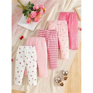 5pcs Girls' Casual Ribbed Pants, Cute Floral & Strawberry Cherry Prints